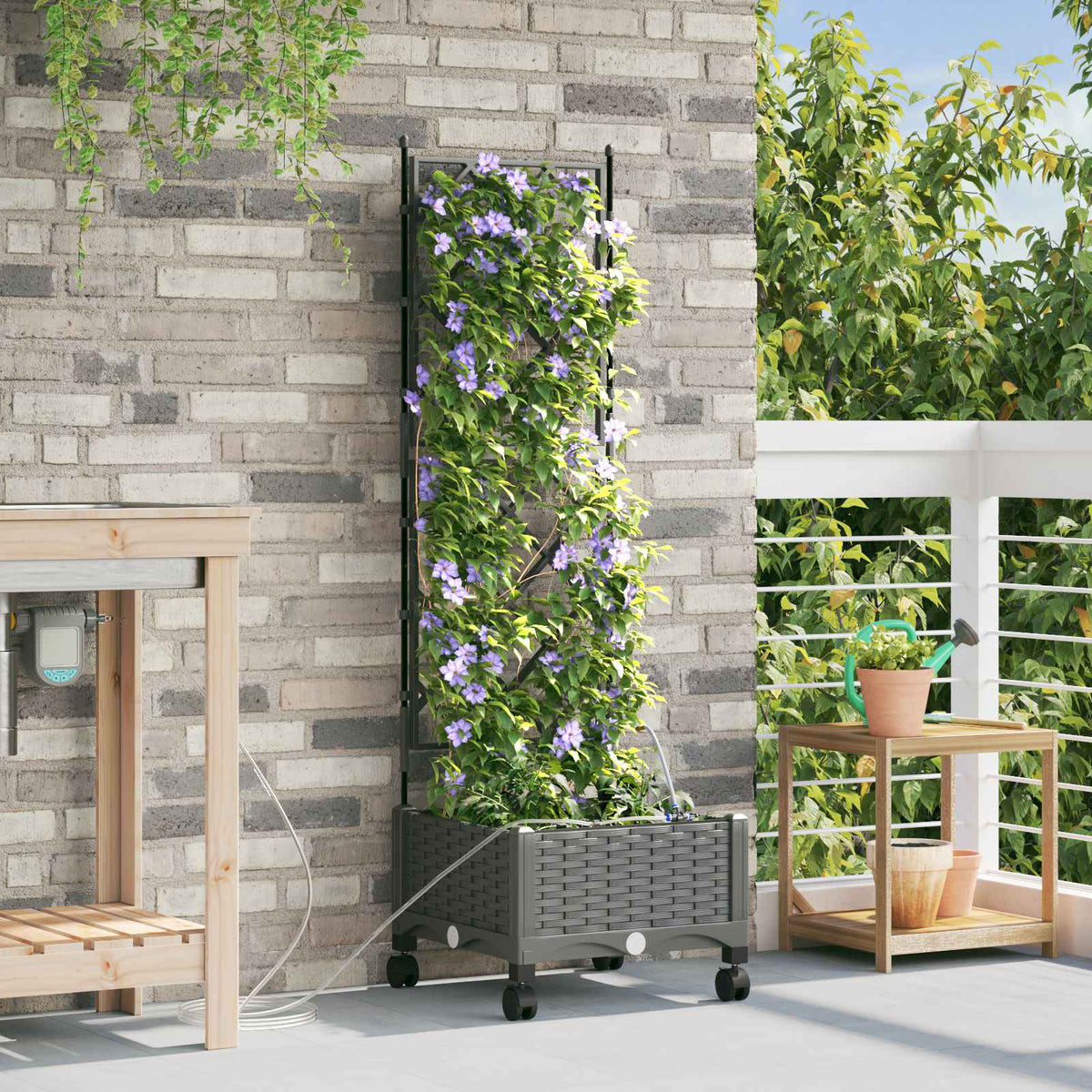 Garden Planter with Irrigation&Wheels 40 x 40 x 148 cm PP with Wheels Light grey 126 cm