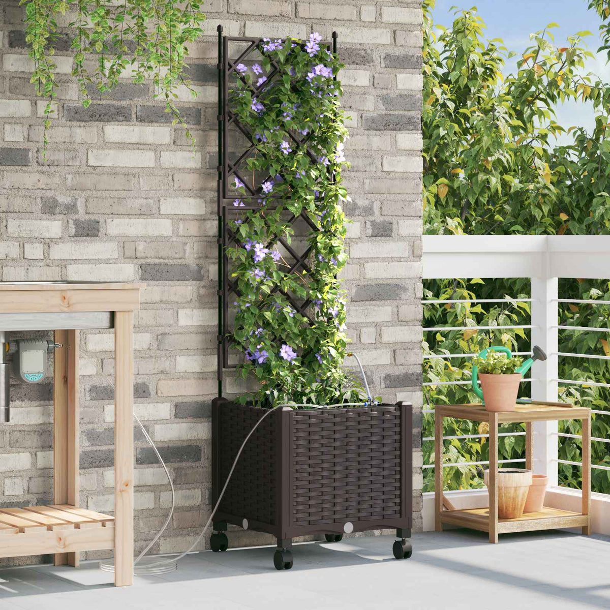 Garden Planter with Irrigation&Wheels 40 x 40 x 148 cm PP with Wheels Brown 142 cm