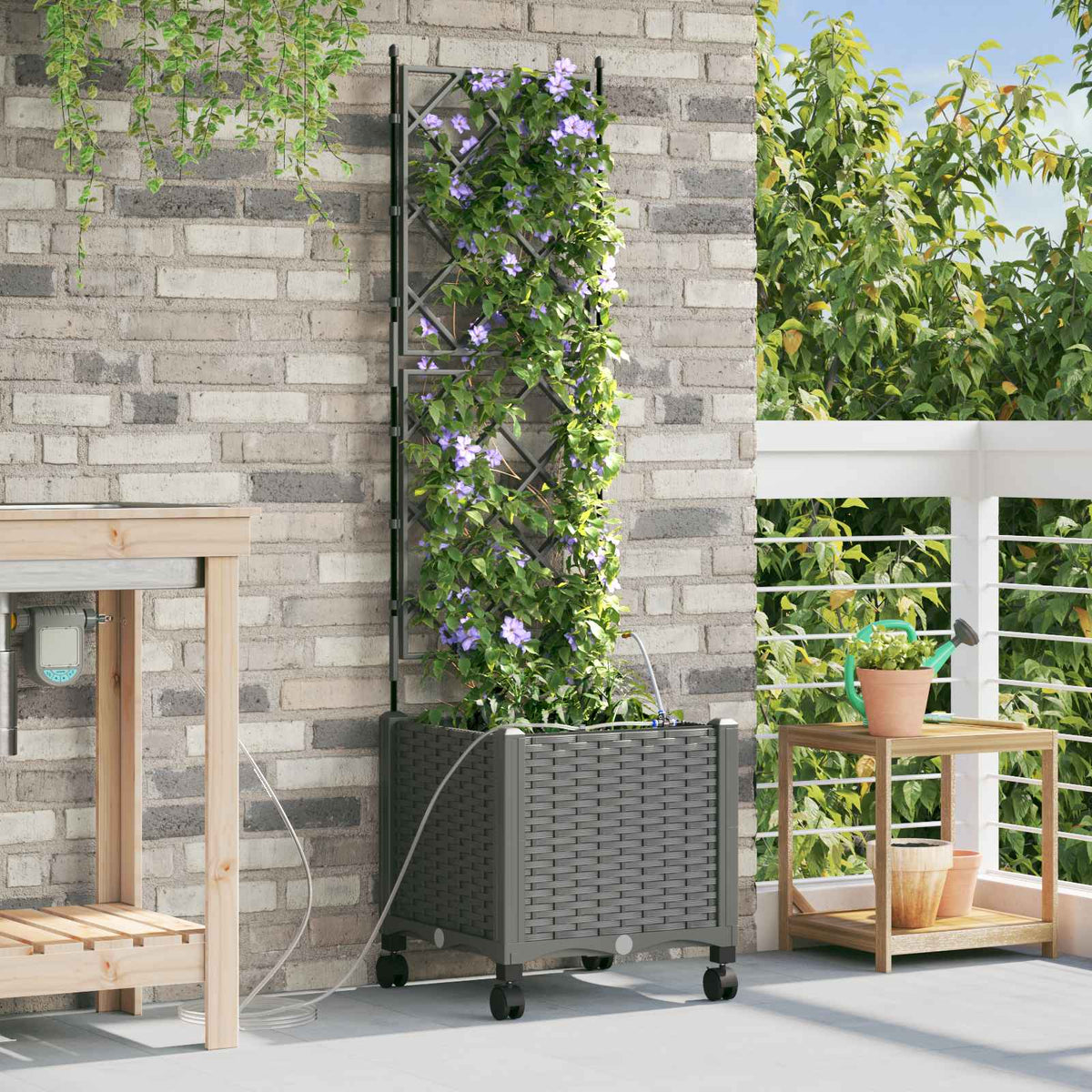 Garden Planter with Irrigation&Wheels 40 x 40 x 148 cm PP with Wheels Light grey 142 cm