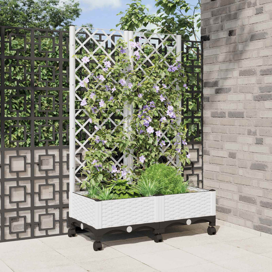 vidaXL Garden Planter with Trellis&Wheels White 80 x 40 x 131.5 cm PP 1