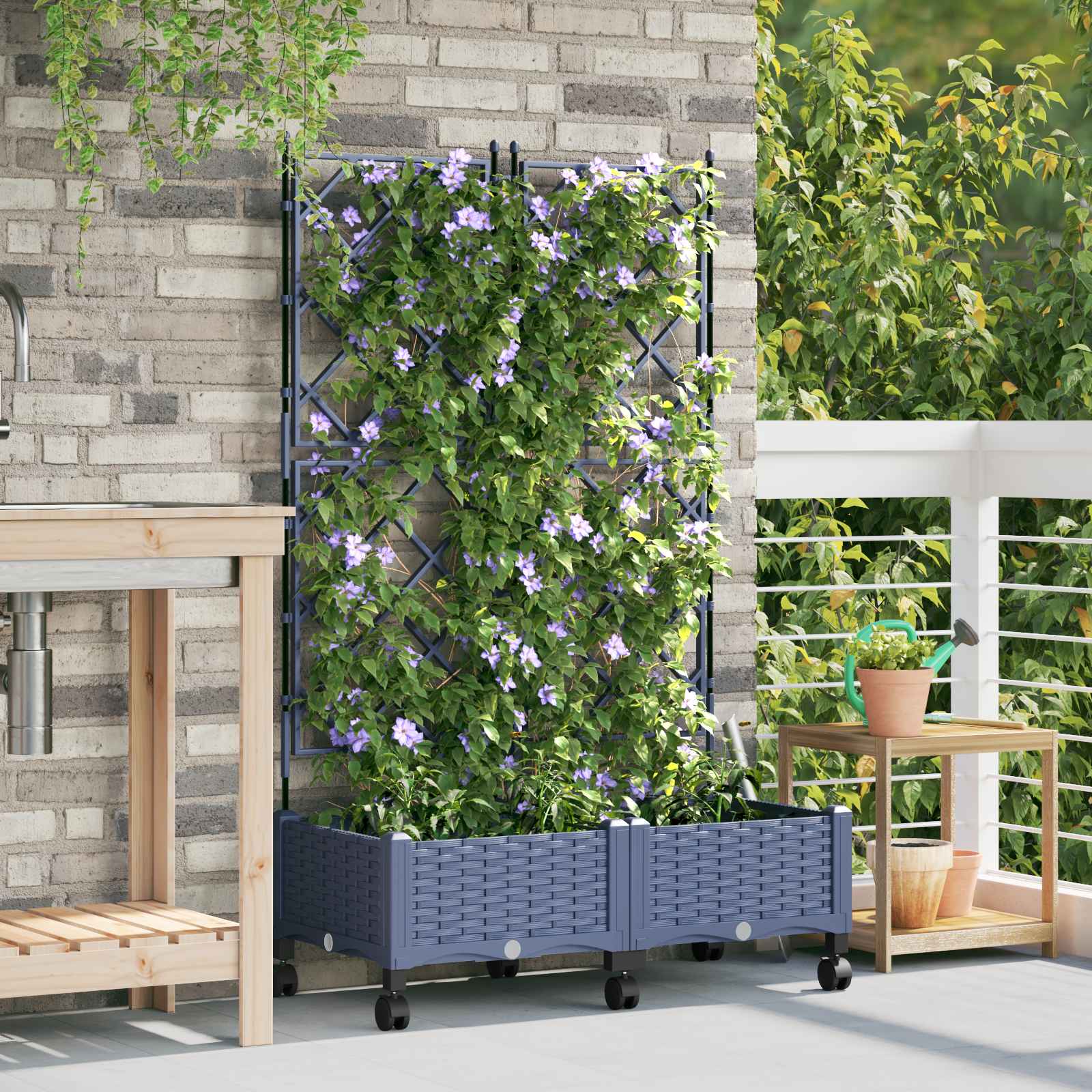 vidaXL Garden Planter with Trellis&Wheels 2 pcs Grey PP 1