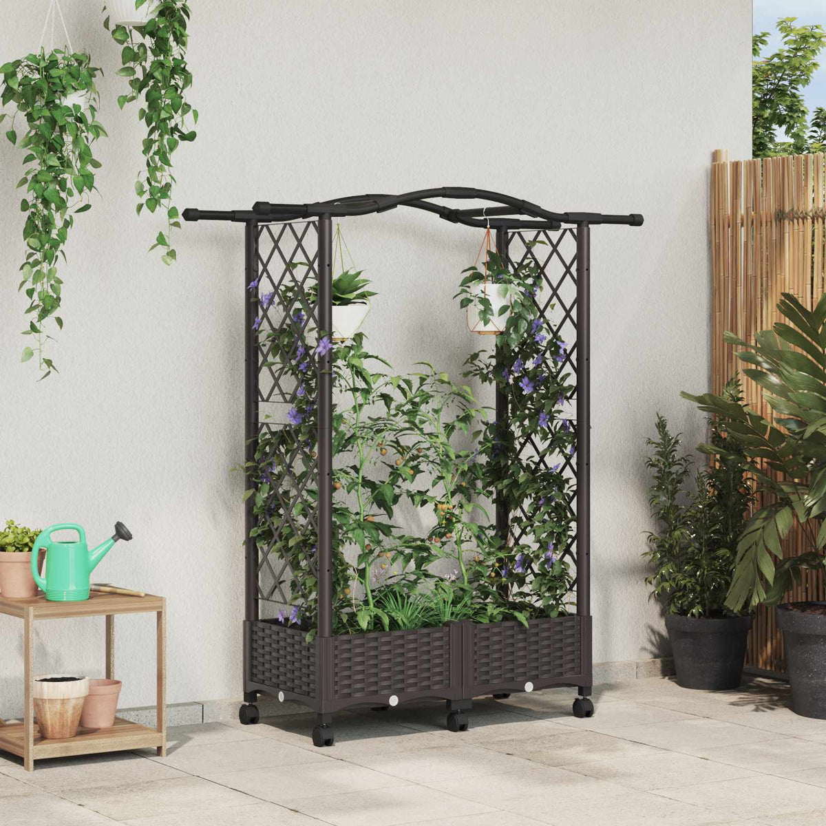 Raised Bed with Trellis and Roof PP Brown with Curved Roof (2 Side trellis) on Wheels 124 cm 129 cm