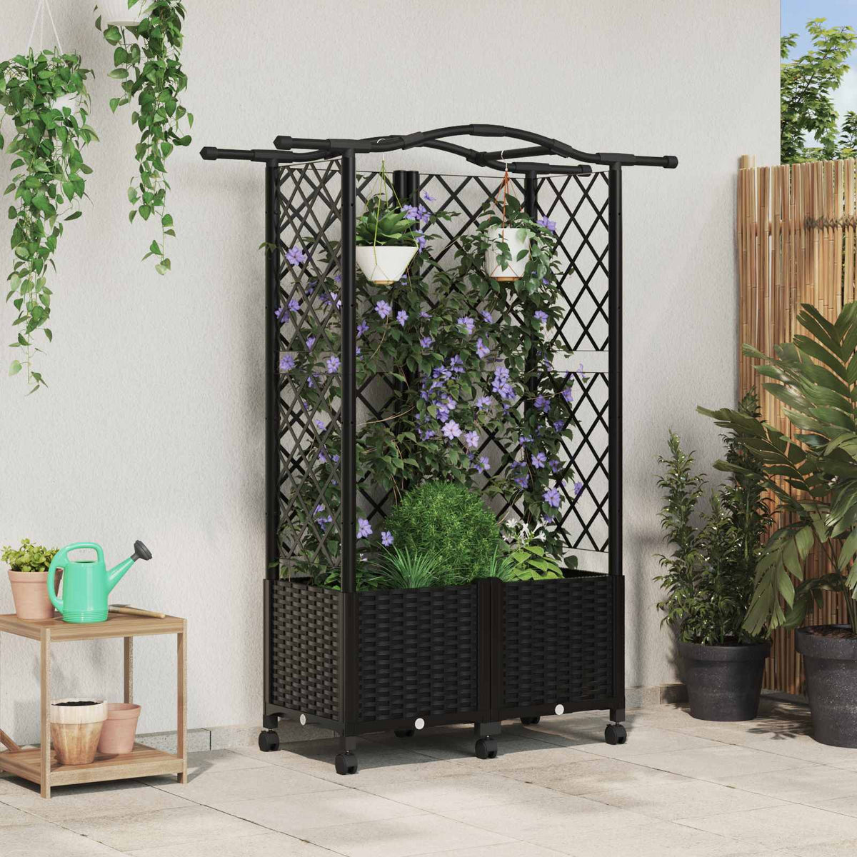 Raised Bed with Trellis and Roof PP Black with Curved Roof (3 Side trellis) on Wheels 122 cm 144 cm