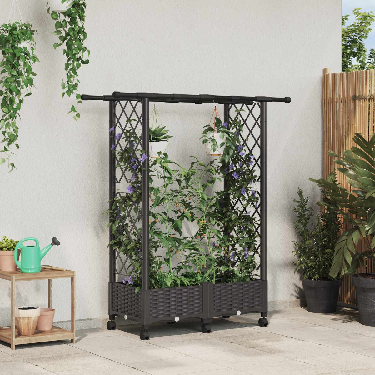 Raised Bed with Trellis and Roof PP Brown with Flat Roof (2 Side trellis) on Wheels 122.5 cm 127 cm