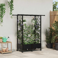 Raised Bed with Trellis and Roof PP Black with Flat Roof (2 Side trellis) on Wheels 122.5 cm 127 cm