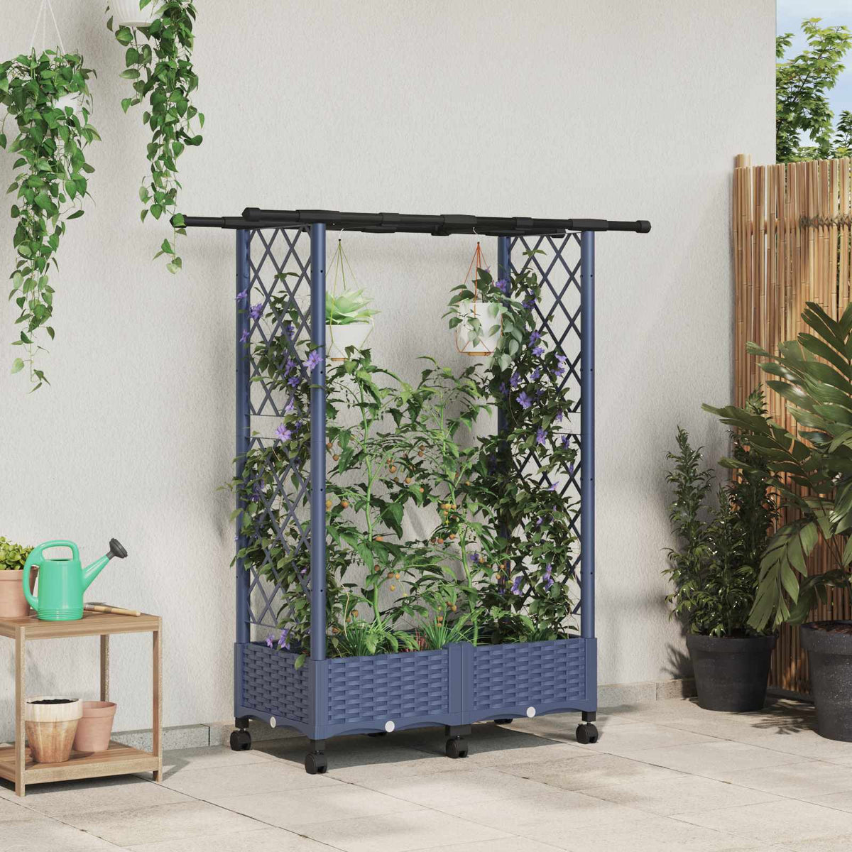 Raised Bed with Trellis and Roof PP Grey with Flat Roof (2 Side trellis) on Wheels 122.5 cm 127 cm