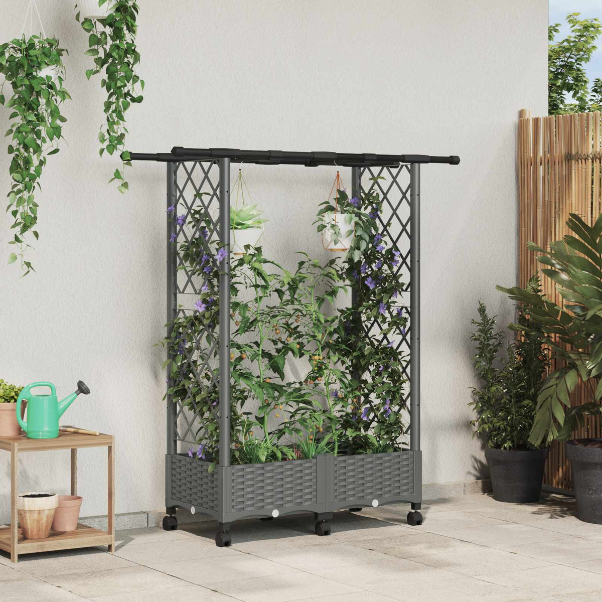 Raised Bed with Trellis and Roof Light Grey with Flat Roof (2 Side trellis) on Wheels 122.5 cm 127 cm