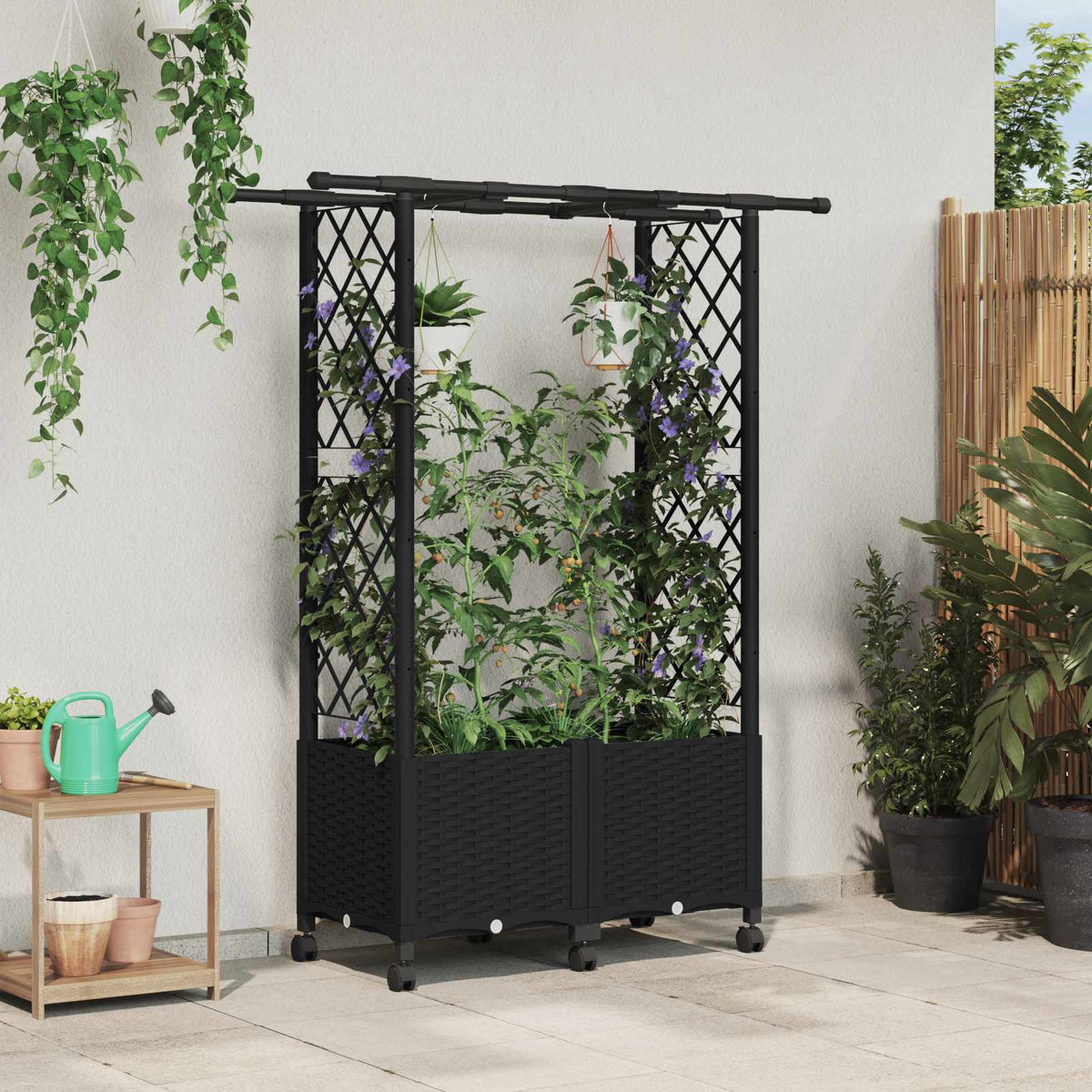 Raised Bed with Trellis and Roof PP Black with Flat Roof (2 Side trellis) on Wheels 124.5 cm 142 cm