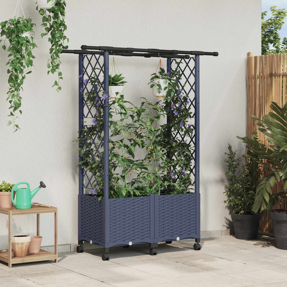 Raised Bed with Trellis and Roof PP Grey with Flat Roof (2 Side trellis) on Wheels 124.5 cm 142 cm