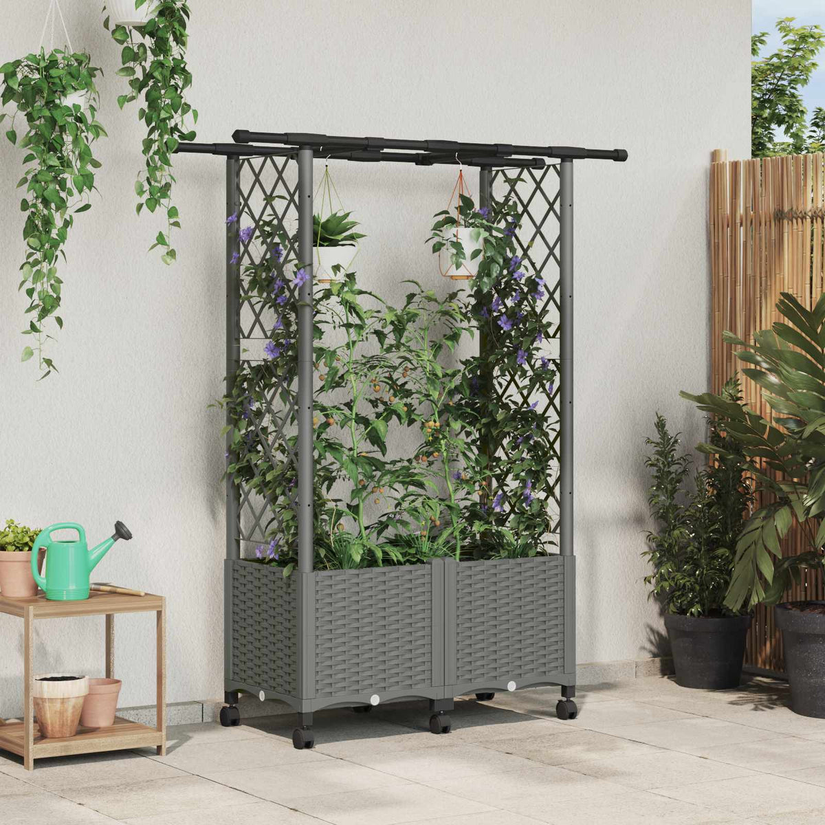 Raised Bed with Trellis and Roof Light Grey with Flat Roof (2 Side trellis) on Wheels 124.5 cm 142 cm