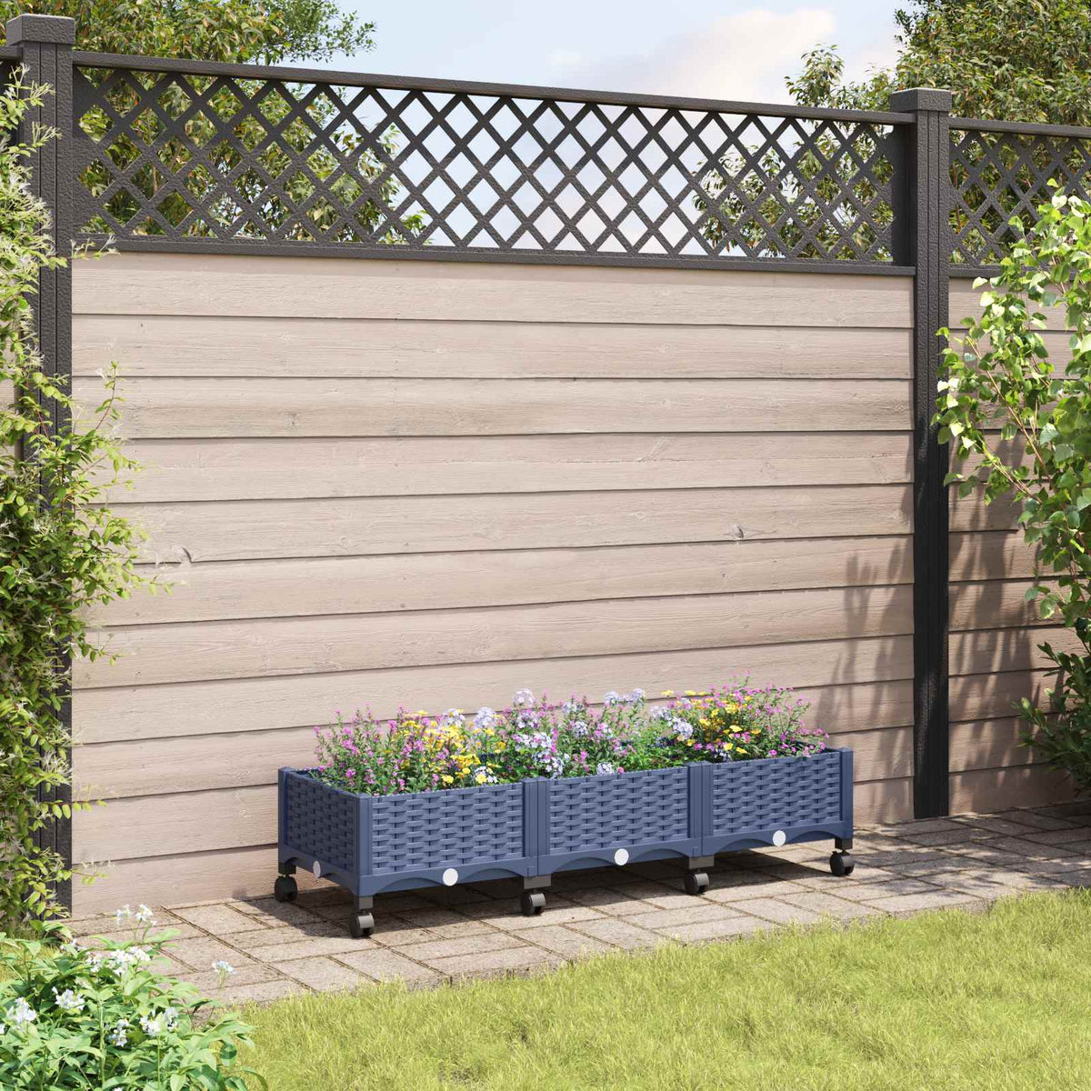Garden Planter 40 x 40 x 29 cm PP with Wheels Blue Grey 120 x 40 x 23 cm