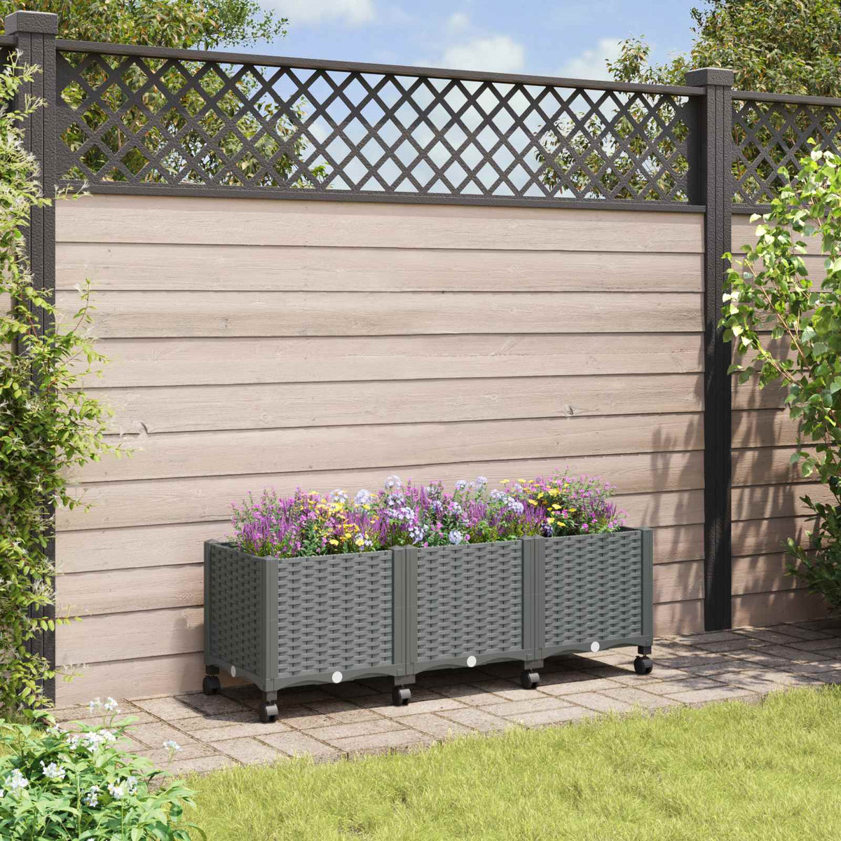 Garden Planter 40 x 40 x 29 cm PP with Wheels Light Grey 120 x 40 x 38 cm