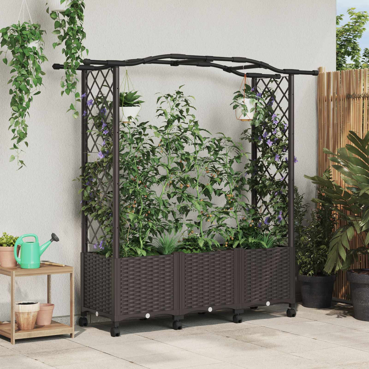 Raised Bed with Trellis and Roof PP Brown with Curved Roof (2 Side trellis) on Wheels 164 cm 144 cm