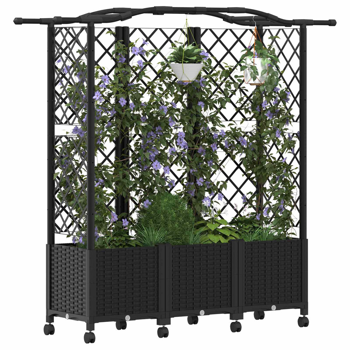 Raised Bed with Trellis and Roof PP Black with Curved Roof (3 Side trellis) on Wheels 163 cm 144 cm