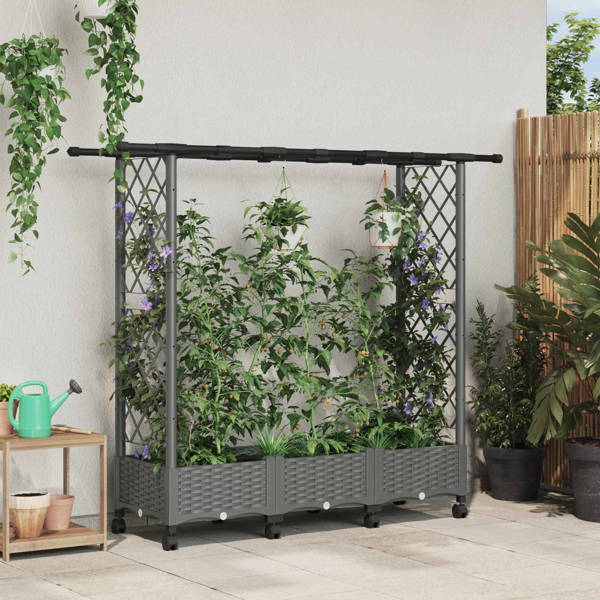 Raised Bed with Trellis and Roof Light Grey with Flat Roof (2 Side trellis) on Wheels 164 cm 127 cm