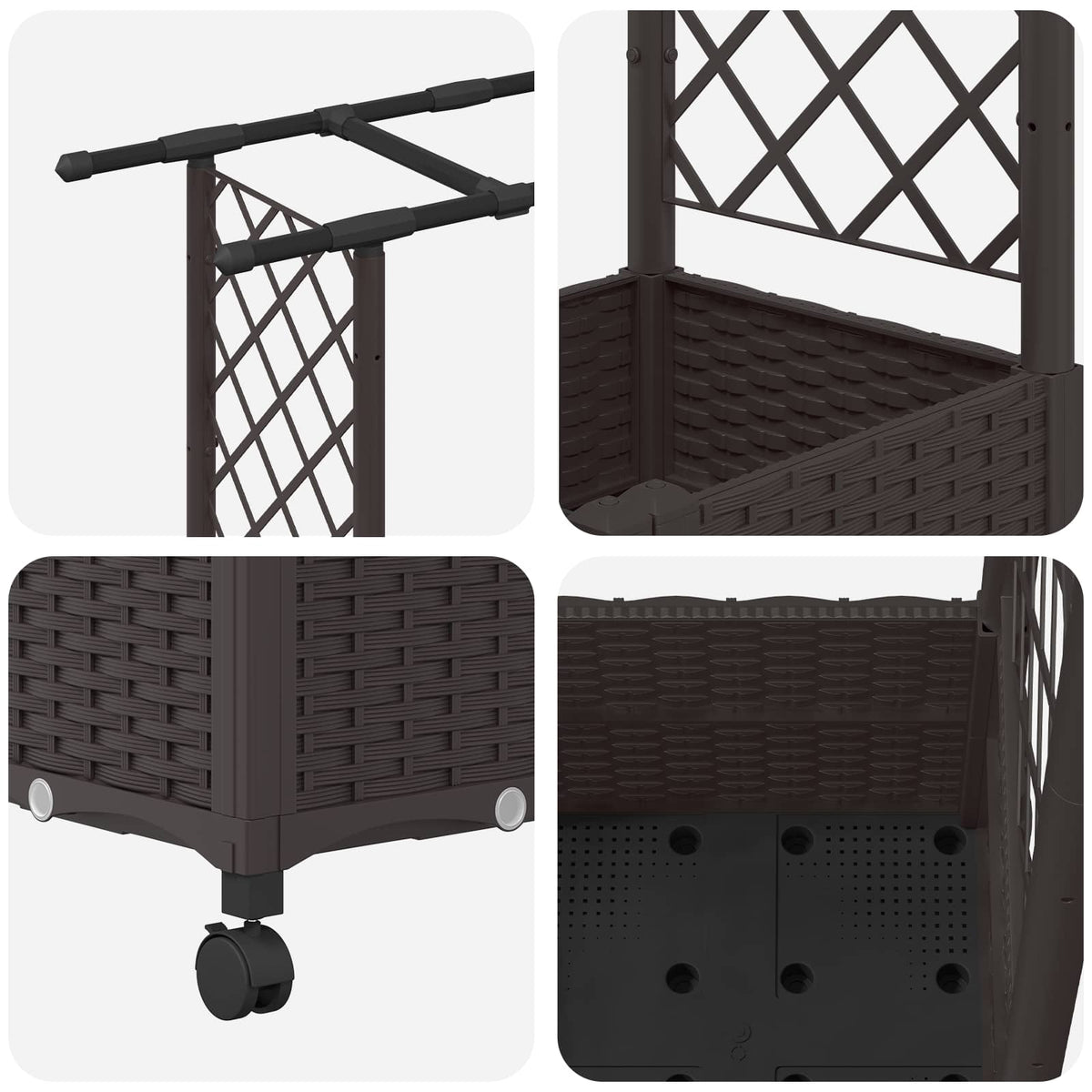 Raised Bed with Trellis and Roof PP Brown with Flat Roof (2 Side trellis) on Wheels 162.5 cm 142 cm