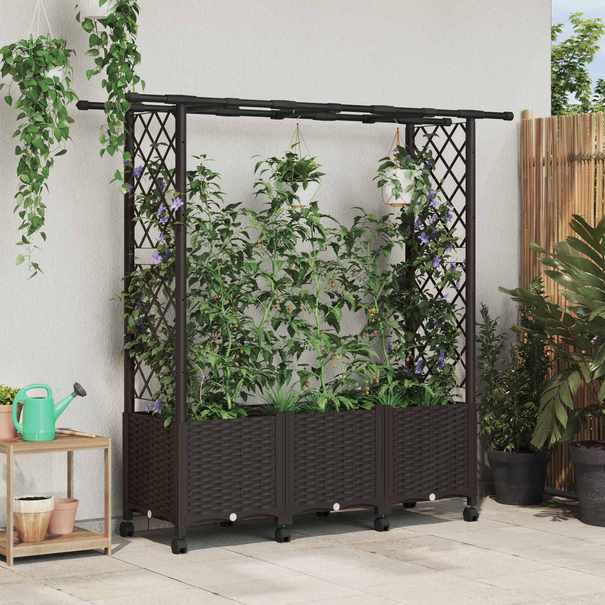 Raised Bed with Trellis and Roof PP Brown with Flat Roof (2 Side trellis) on Wheels 162.5 cm 142 cm