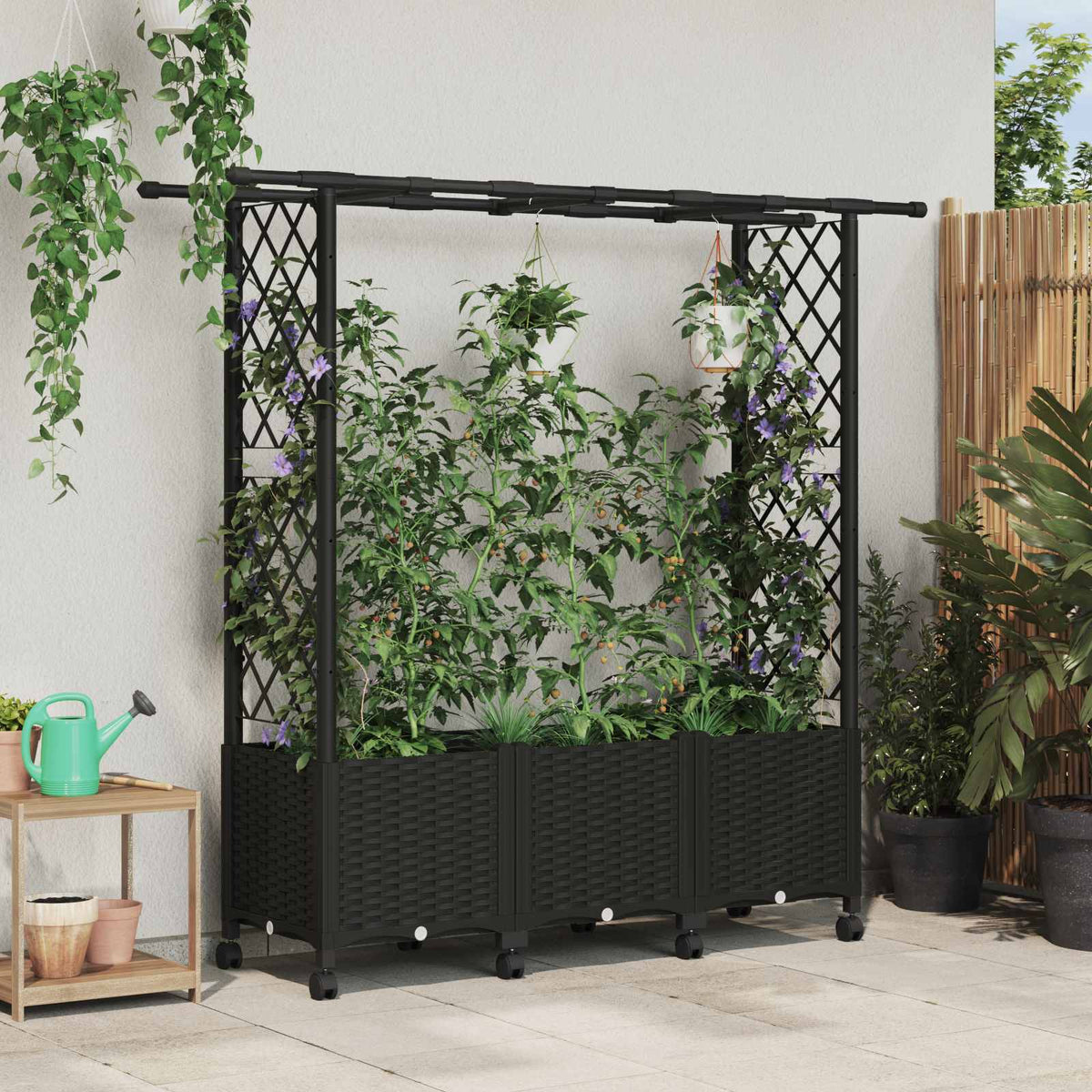 Raised Bed with Trellis and Roof PP Black with Flat Roof (2 Side trellis) on Wheels 162.5 cm 142 cm