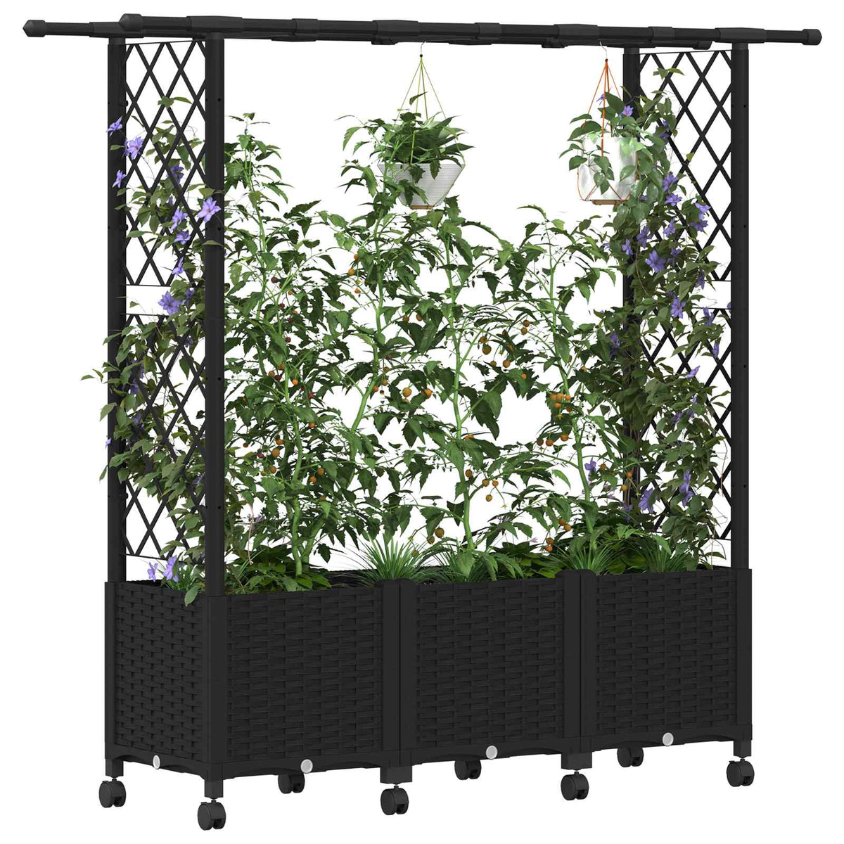 Raised Bed with Trellis and Roof PP Black with Flat Roof (2 Side trellis) on Wheels 162.5 cm 142 cm