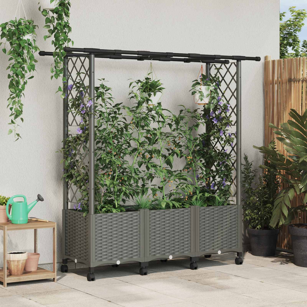 Raised Bed with Trellis and Roof Light Grey with Flat Roof (2 Side trellis) on Wheels 162.5 cm 142 cm