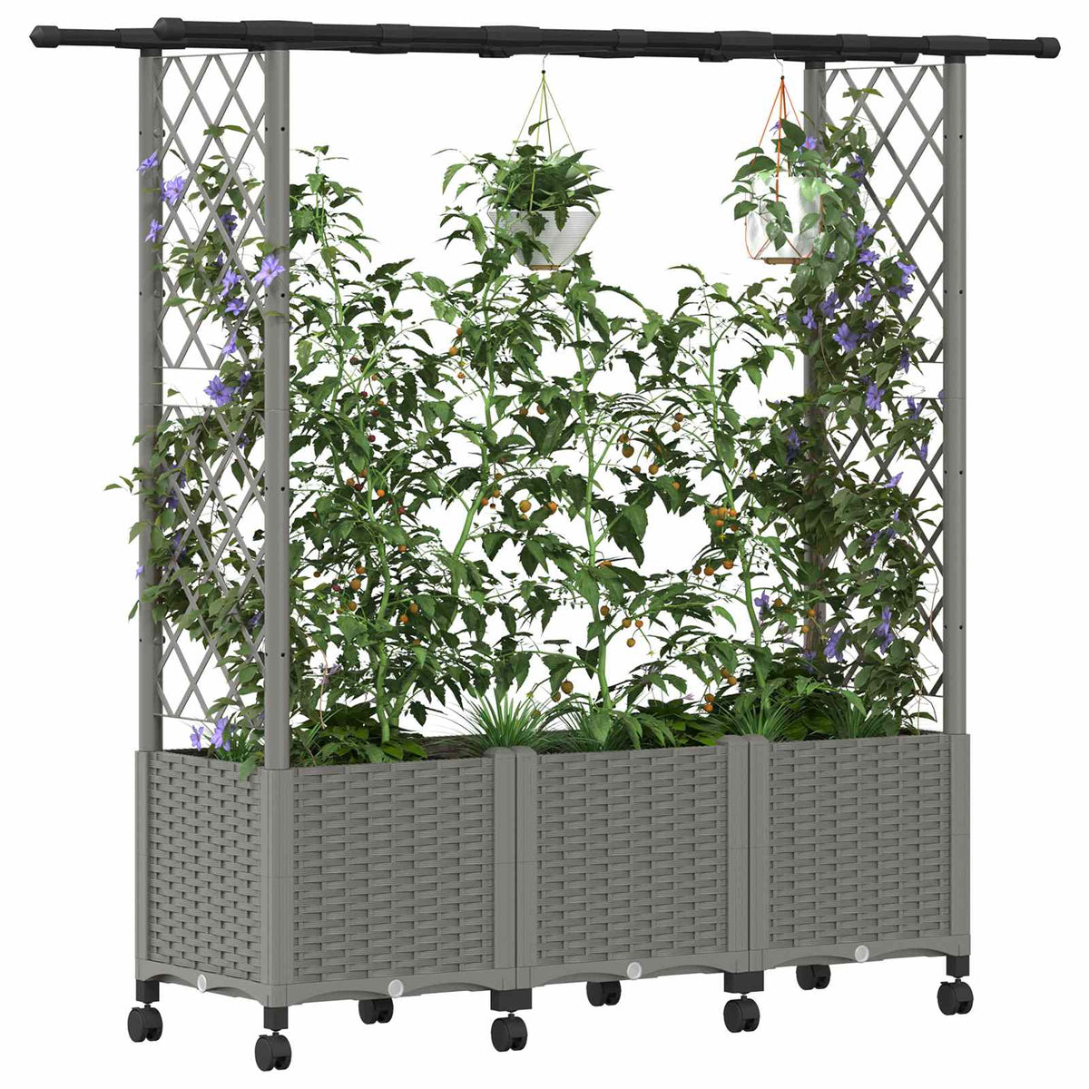 Raised Bed with Trellis and Roof Light Grey with Flat Roof (2 Side trellis) on Wheels 162.5 cm 142 cm