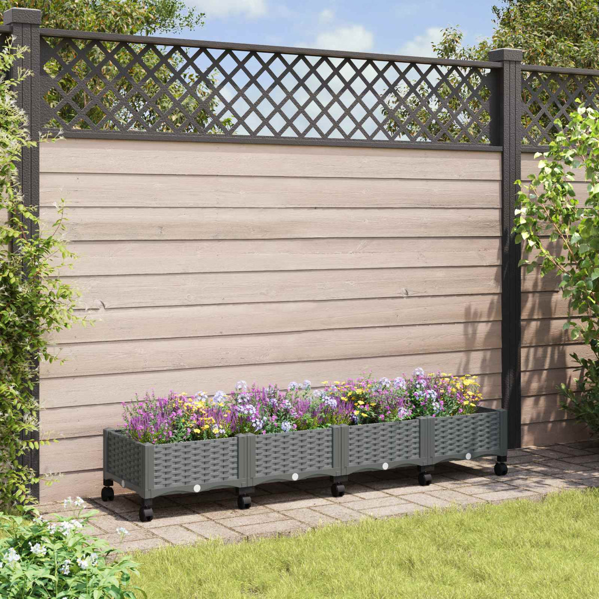 Garden Planter 40 x 40 x 29 cm PP with Wheels Light Grey 160 x 40 x 23 cm