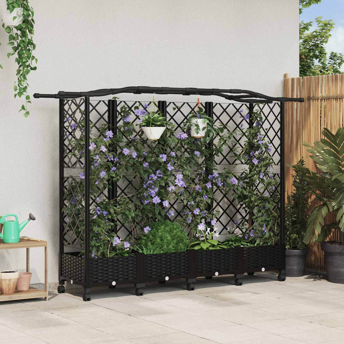 Raised Bed with Trellis and Roof PP Black with Curved Roof (3 Side trellis) on Wheels 203.5 cm 129 cm