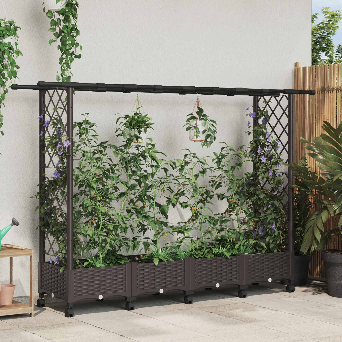 Raised Bed with Trellis and Roof PP Brown with Flat Roof (2 Side trellis) on Wheels 203 cm 127 cm
