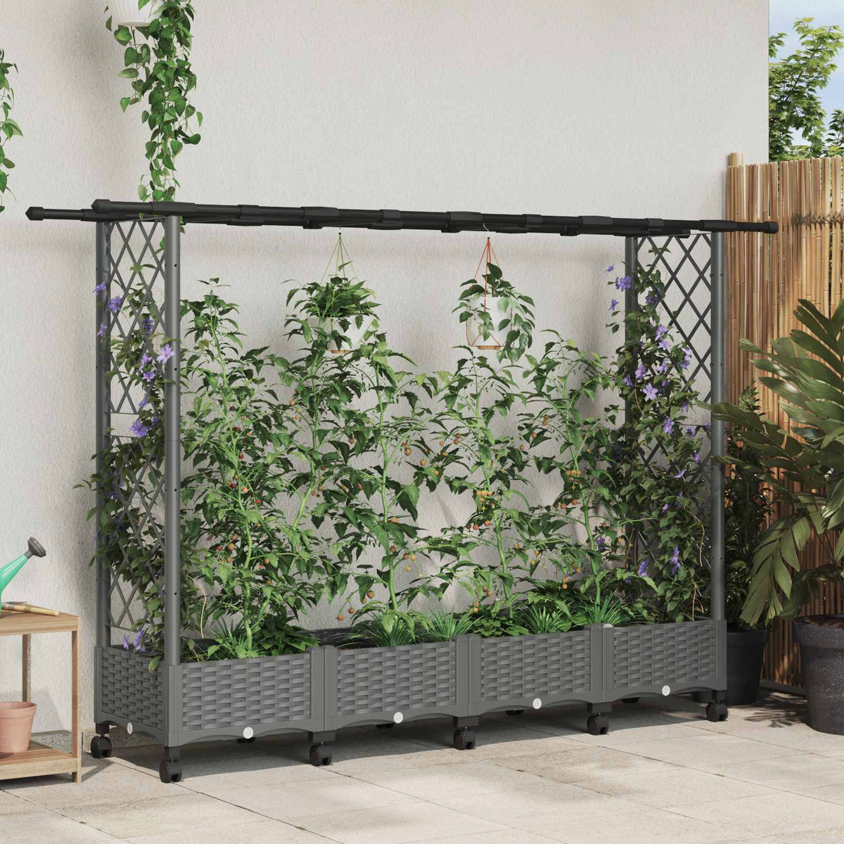 Raised Bed with Trellis and Roof Light Grey with Flat Roof (2 Side trellis) on Wheels 203 cm 127 cm