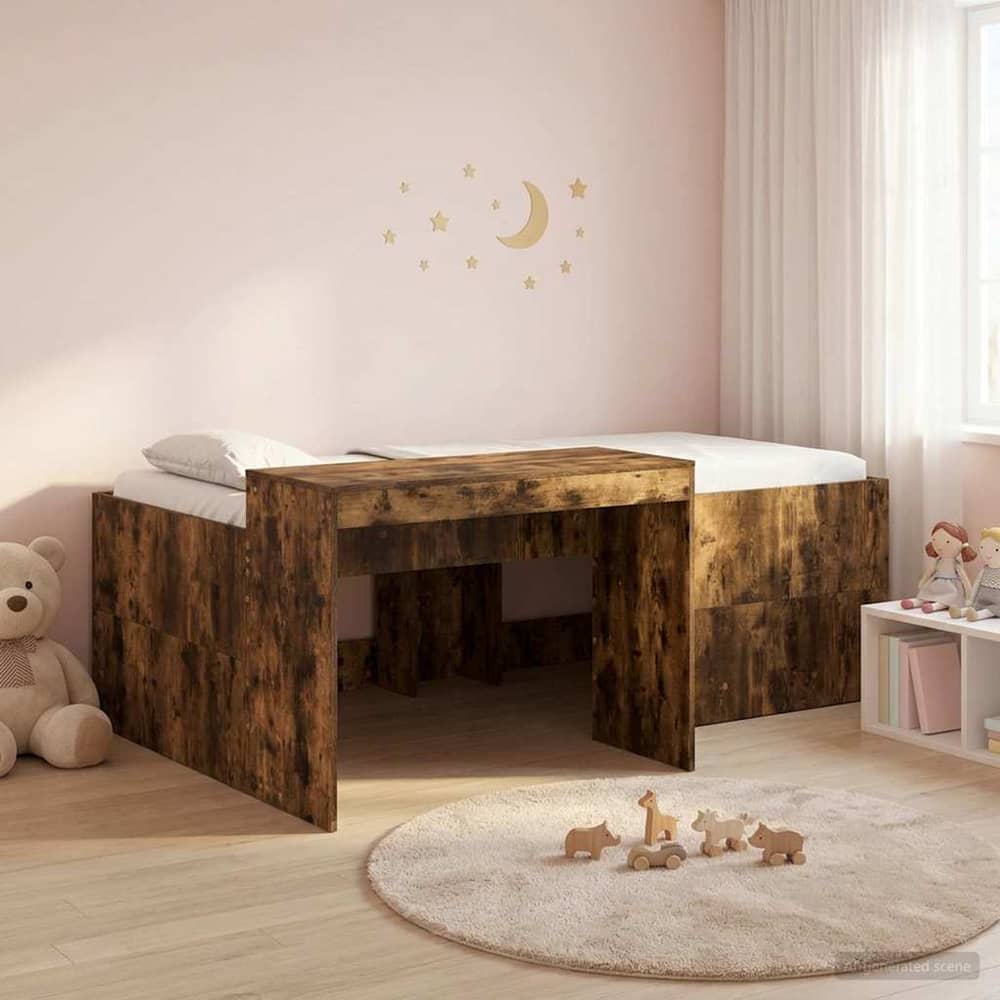 Kids' High Bed Frame with Desk 90 x 200 cm Smoked oak