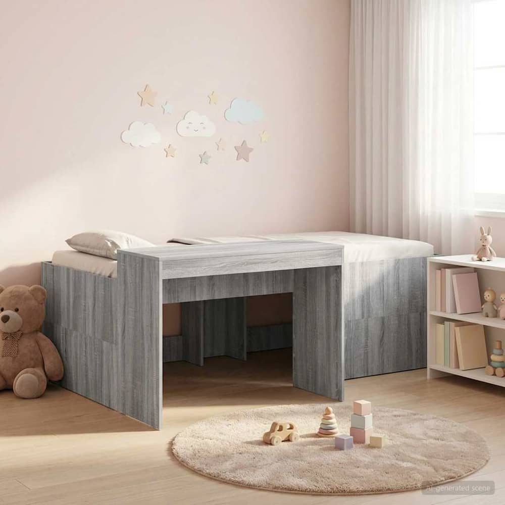 Kids' High Bed Frame with Desk 90 x 200 cm Grey sonoma