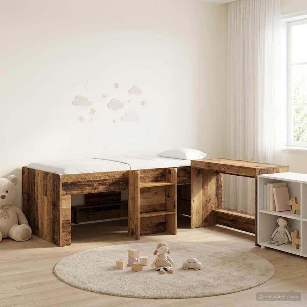 Kids' High Bed Frame with Desk 2 pcs Engineered Wood Old wood