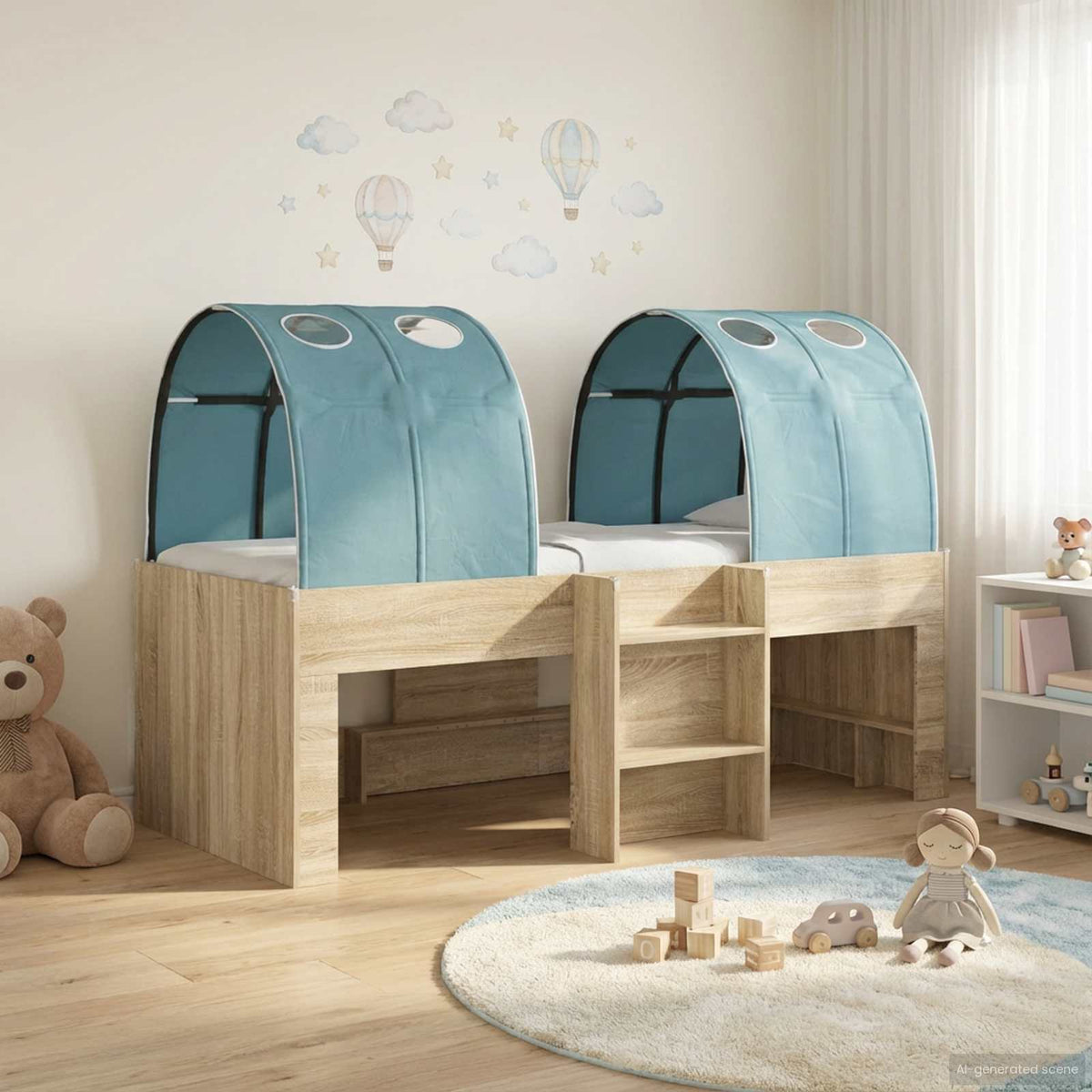 Kids' High Bed Frame with Tunnel 3 pcs Sonoma oak and light blue