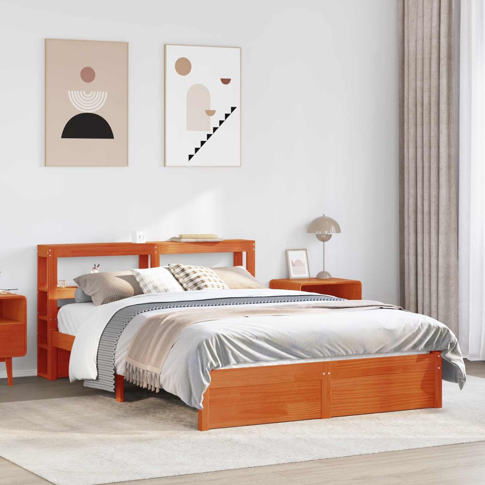 Bed Frame with Shelf Solid Pine Wood Wax brown 140 cm 190 cm