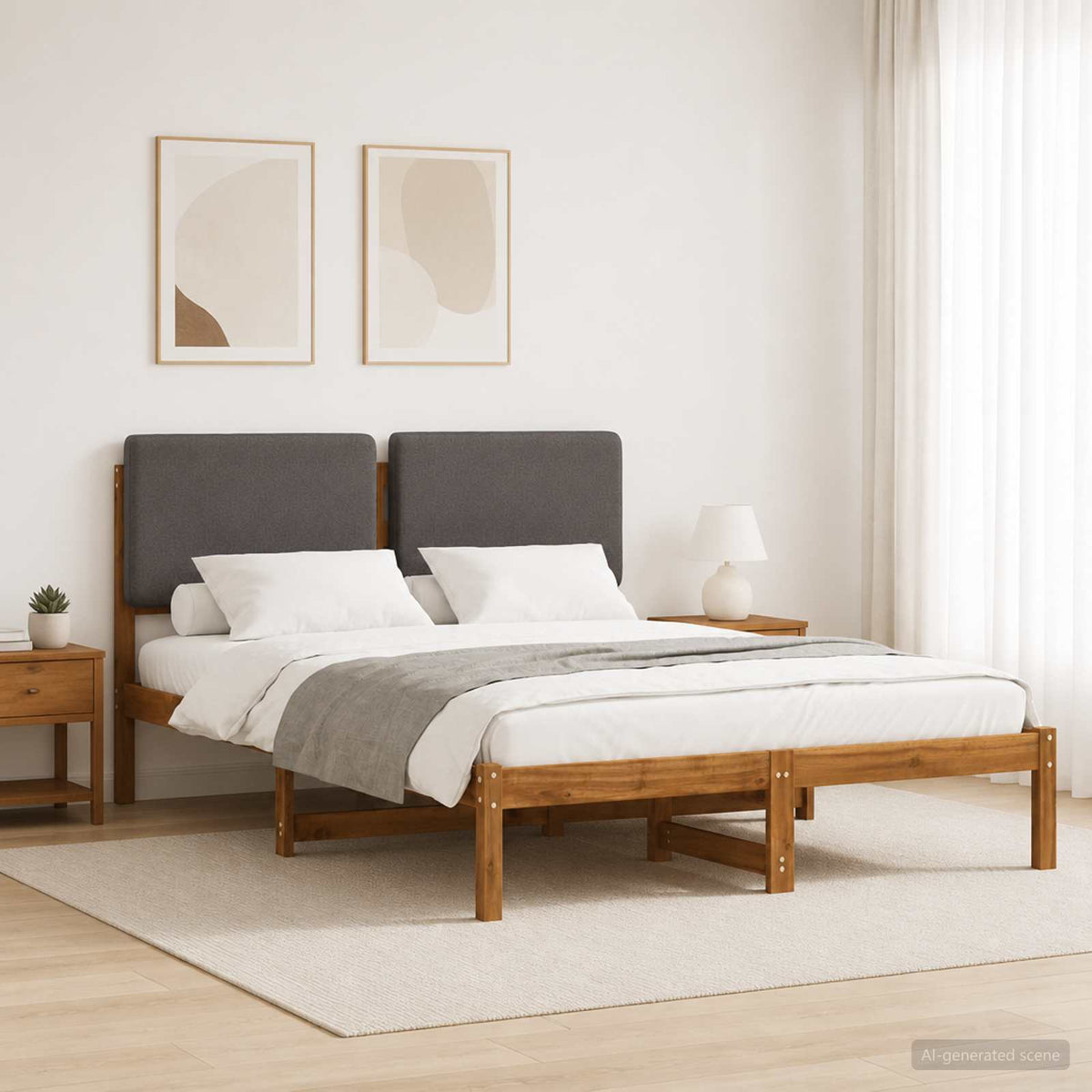 Bed Frame with Upholstered Headboard Length 200 cm Natural and Light Grey 140 cm