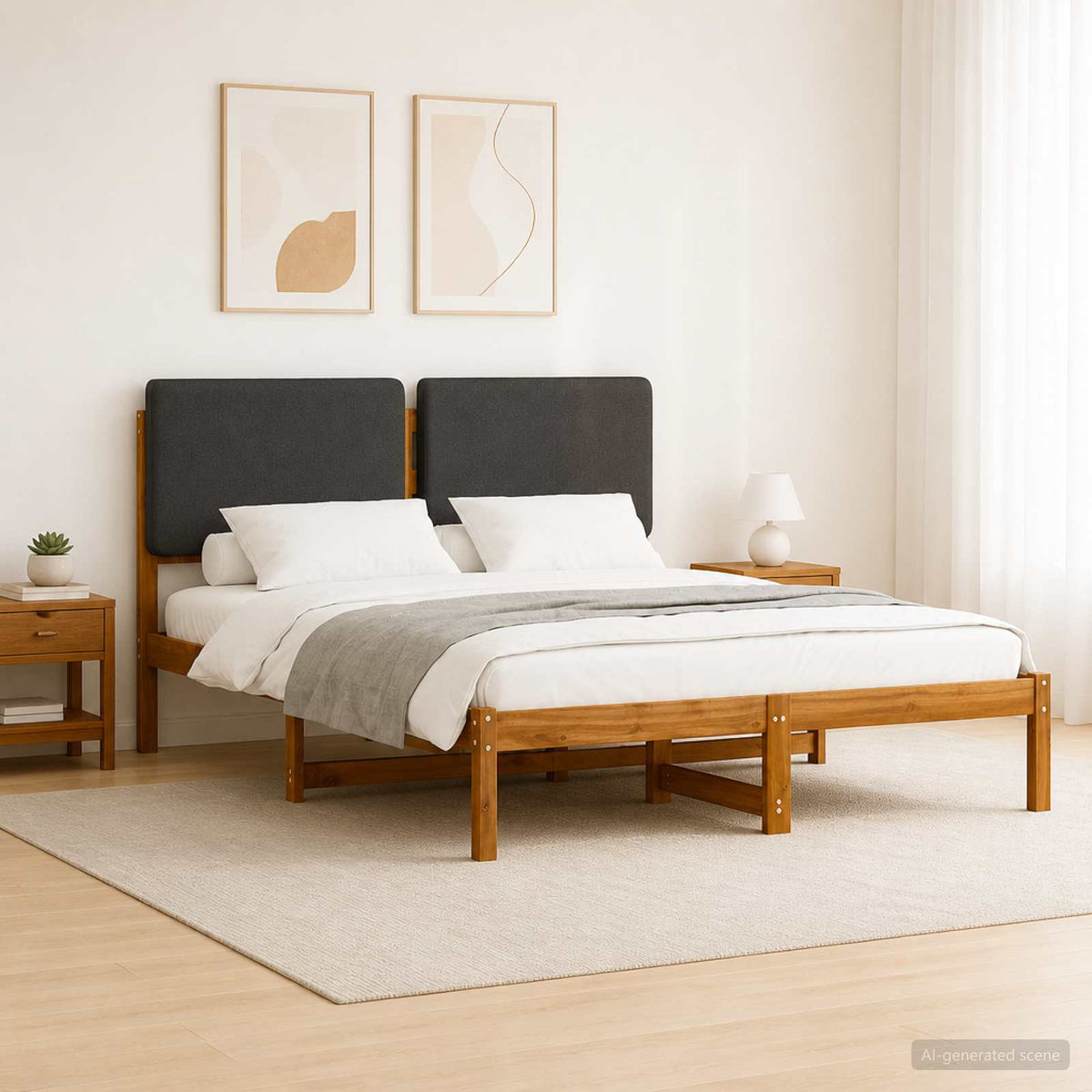 Bed Frame with Upholstered Headboard Length 200 cm Natural and Dark Grey 140 cm
