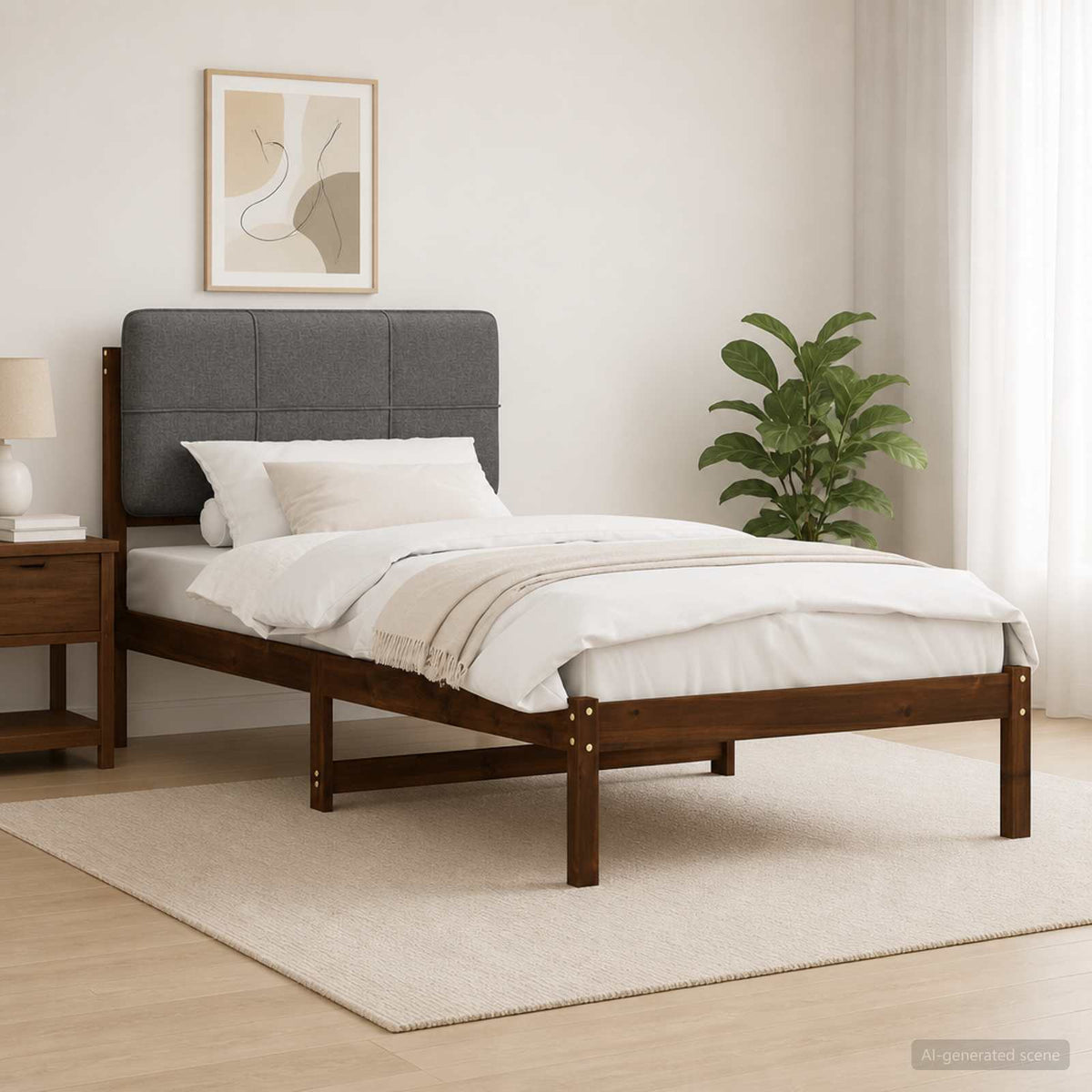 Bed Frame Upholstered Headboard Length Width Dark brown light grey