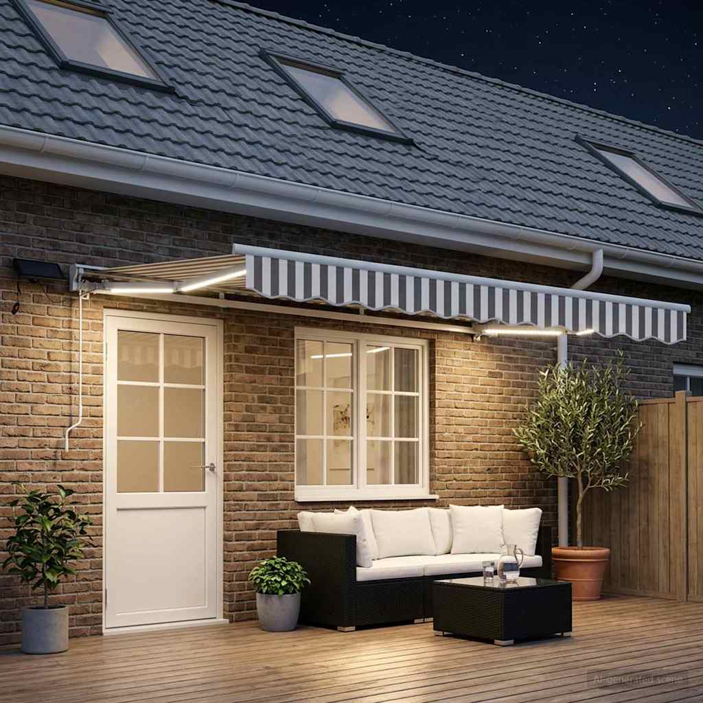 Manual Awning Solar LED White Light Grey Stripe
