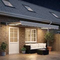 Manual Awning Solar LED White Light Grey Stripe
