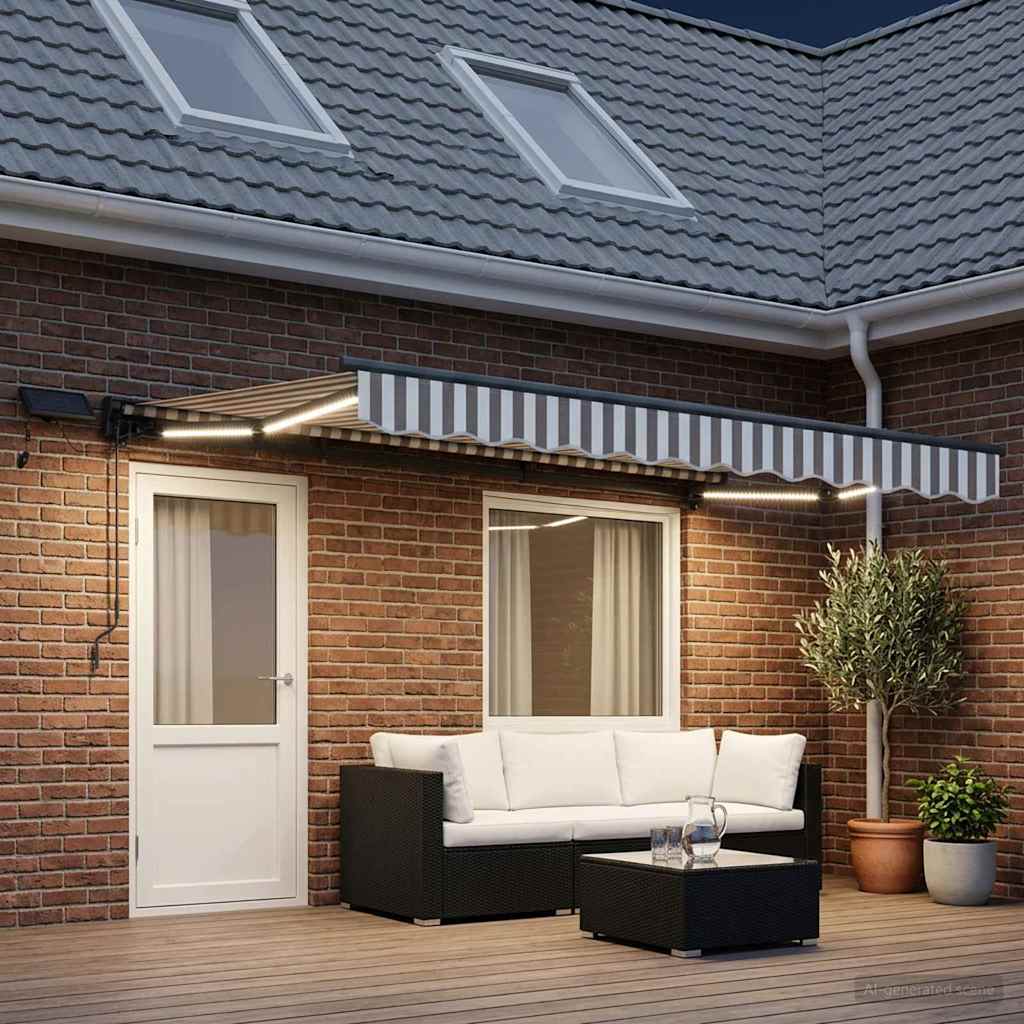 Manual Awning Solar LED Anthracite Light Grey White Stripe