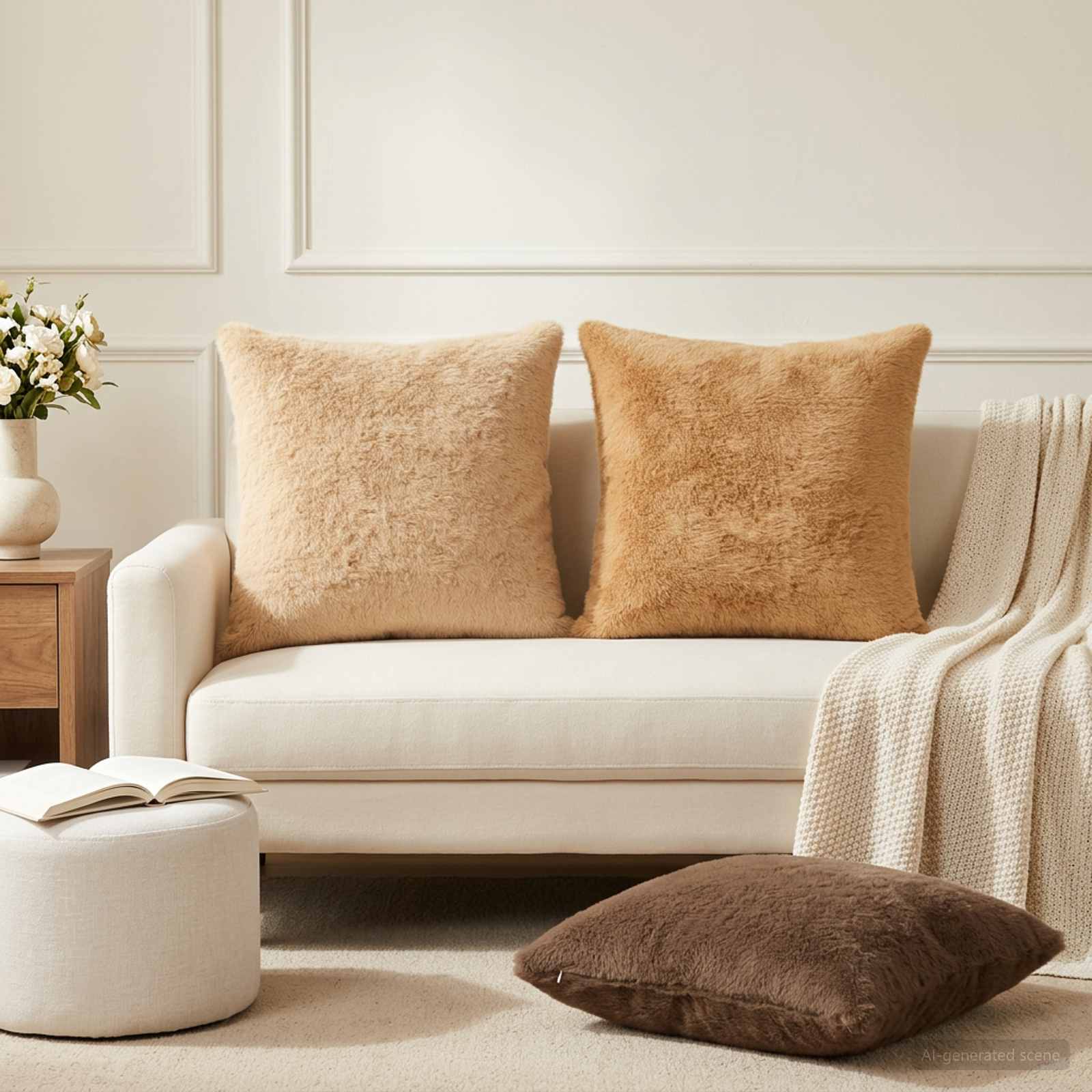 vidaXL Cushion Cover 6 pcs HEERLEN Cream 55 x 55 cm Faux Rabbit Fur 1