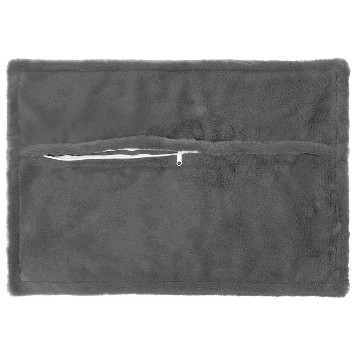 The back of a dark grey faux rabbit fur cushion cover showing a zip fastening