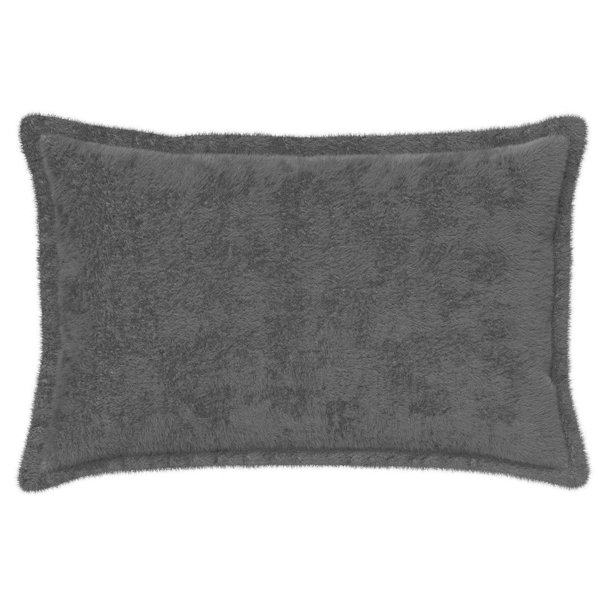 Close-up of a dark grey faux rabbit fur cushion cover with a fluffy texture