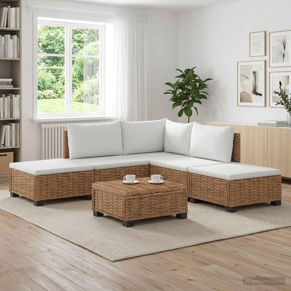 6 pcs Rattan Lounge Set with Cushions GENDT Rattan Natural 2x middle + 2x footstool + corner + table