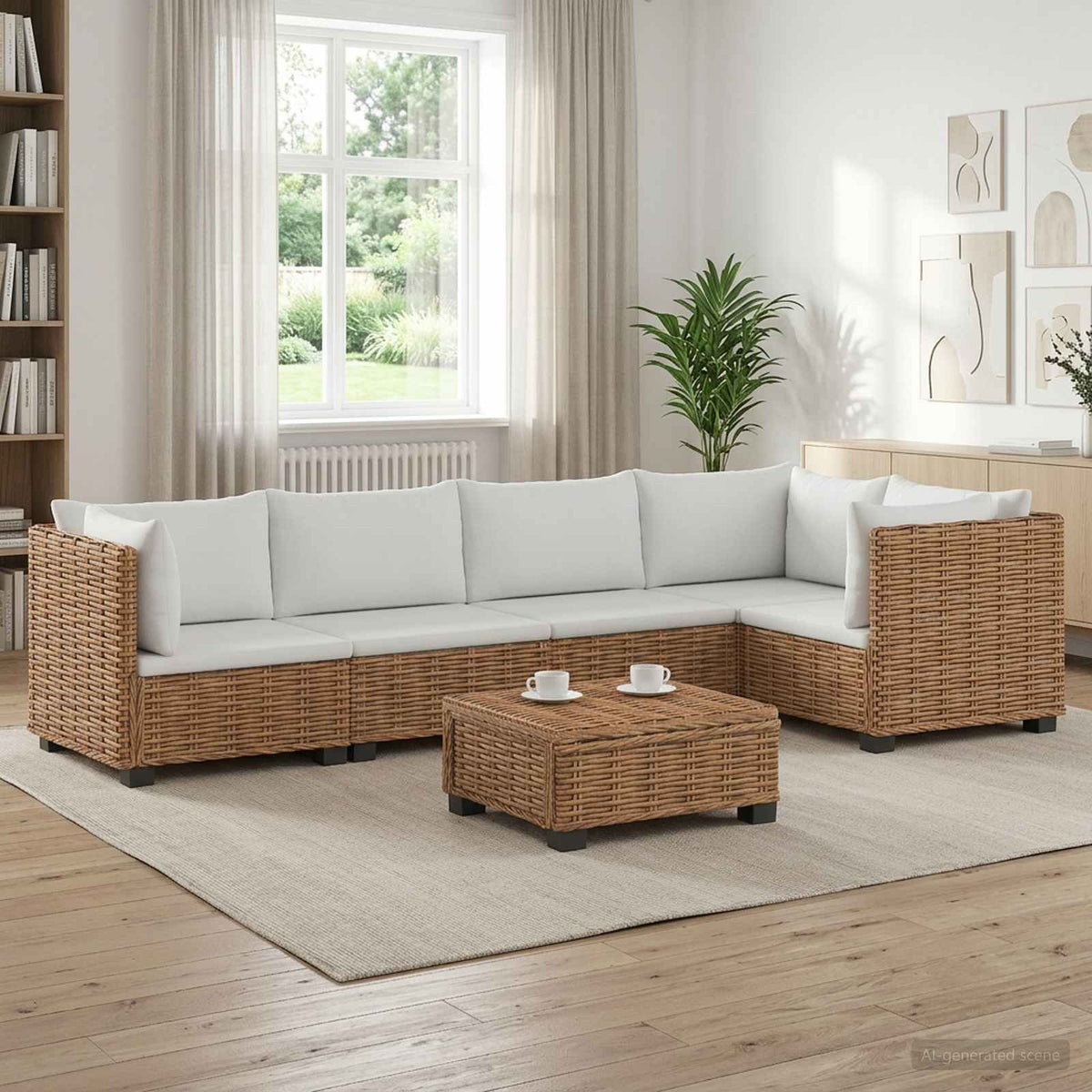 6 pcs Rattan Lounge Set with Cushions GENDT Rattan Natural 3x corner + 2x middle + table