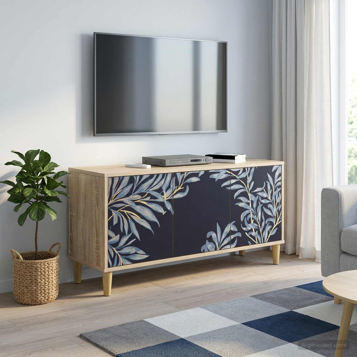 TV Cabinet BONN 102 x 33 x 50 cm Sonoma Engineered Wood Blue fern print