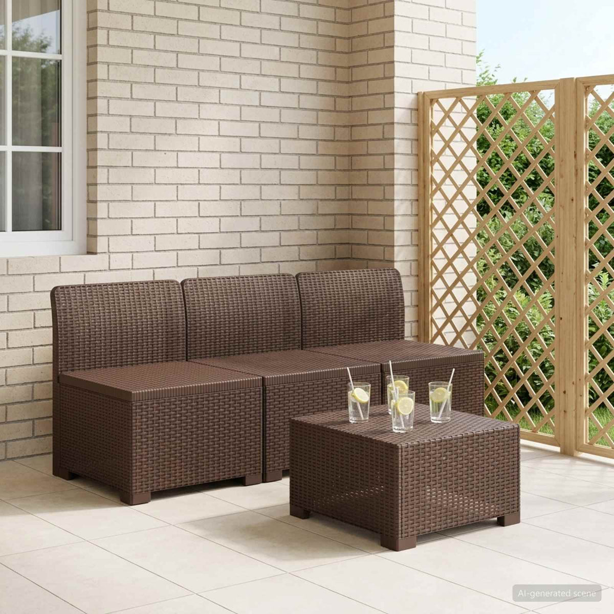 1-Seater with Cushion Rattan Look PP Brown 3x middle without cushion