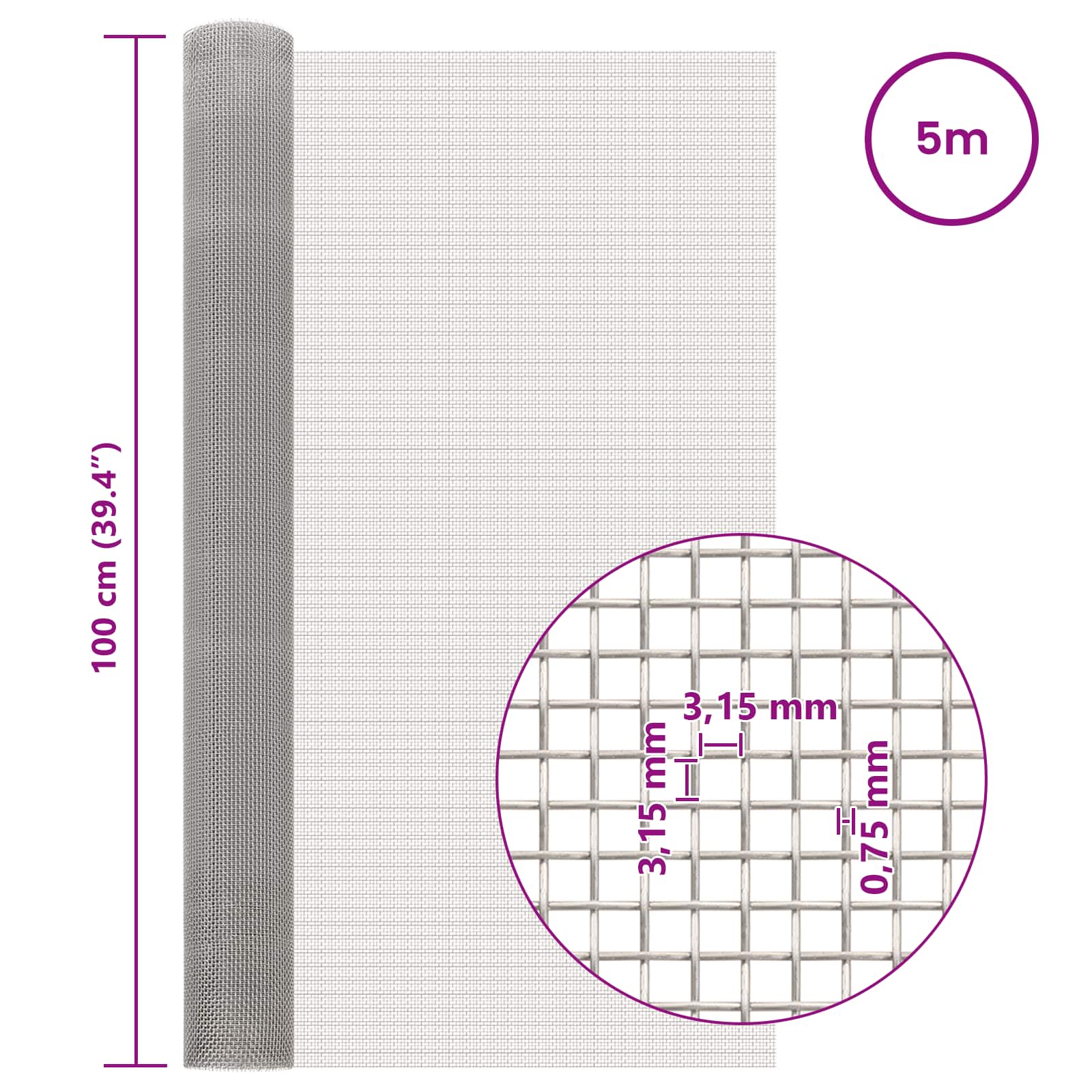 vidaXL Mesh Screen 100 x 500 cm 6 Mesh Stainless Steel 201 Silver 6