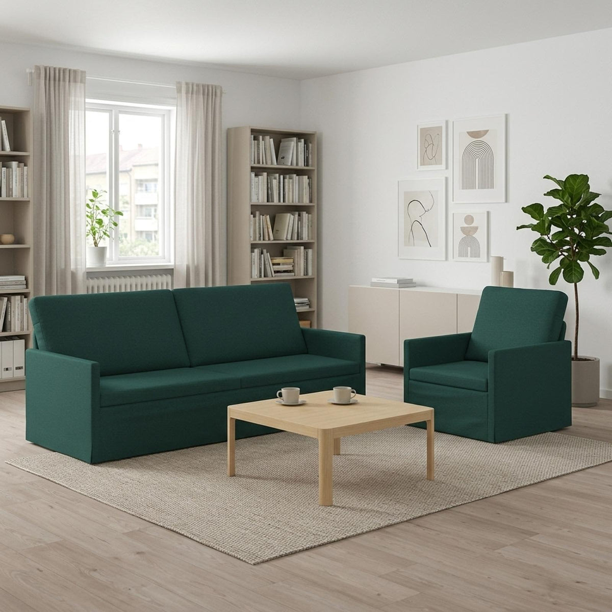 Sofa Set 2 pcs Fabric 1-Seater + 3-Seater (180 cm) Dark green