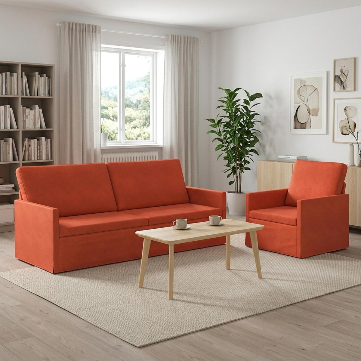 Sofa Set 2 pcs Corduroy Fabric 1-Seater + 3-Seater (180 cm) Red orange